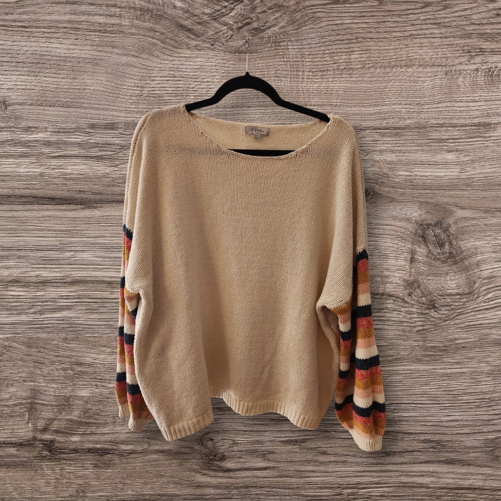 Striped Sleeve Beige Sweater